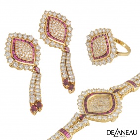 DeLaneau 18k Yellow Gold Diamond & Ruby Earrings, Ring and Watch Suite